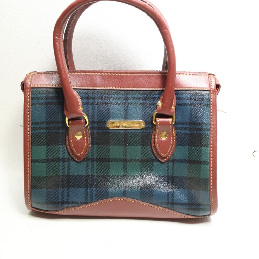 Vintage Polo Ralph Lauren Plaid Boston Bag Satchel Leather Trim Top Handles